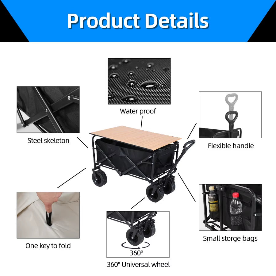 Large Weight Capacity Heavy Duty Wagon Cart Folding Wagon for Outdoor Garden Beach Wagon Camping Equipment with Cup Holders