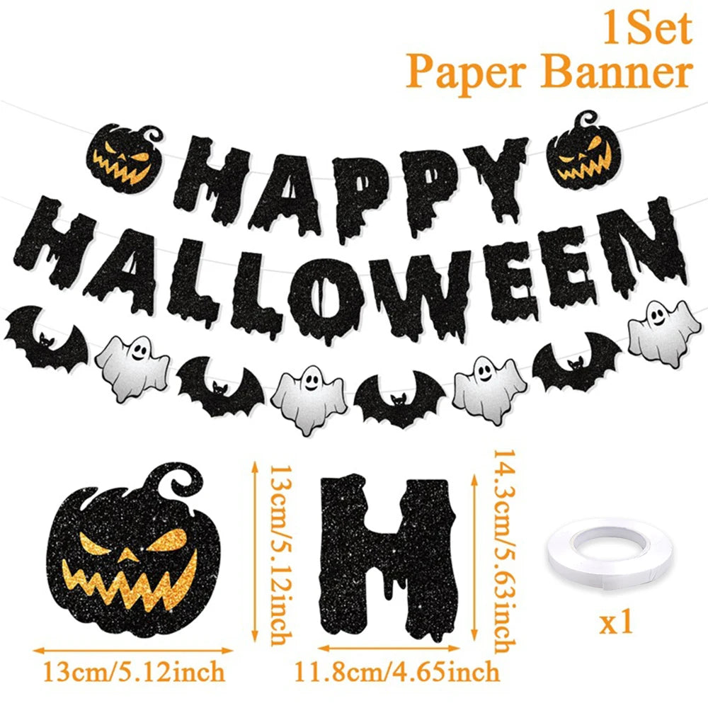 Happy Halloween Banner Garland Black Bat Ghost Pumpkin Bunting for Fireplace Wall Home Party Mantel Decor Supplies