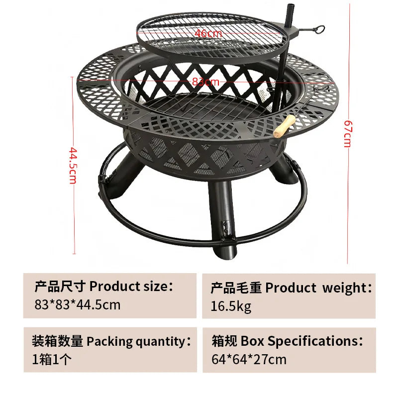 Charcoal Grill & Patio Heater 2-In-1,Area for 8-10 People, Heavy Duty Black Steel Fire Pit with Wheels, Outdoor BBQ
