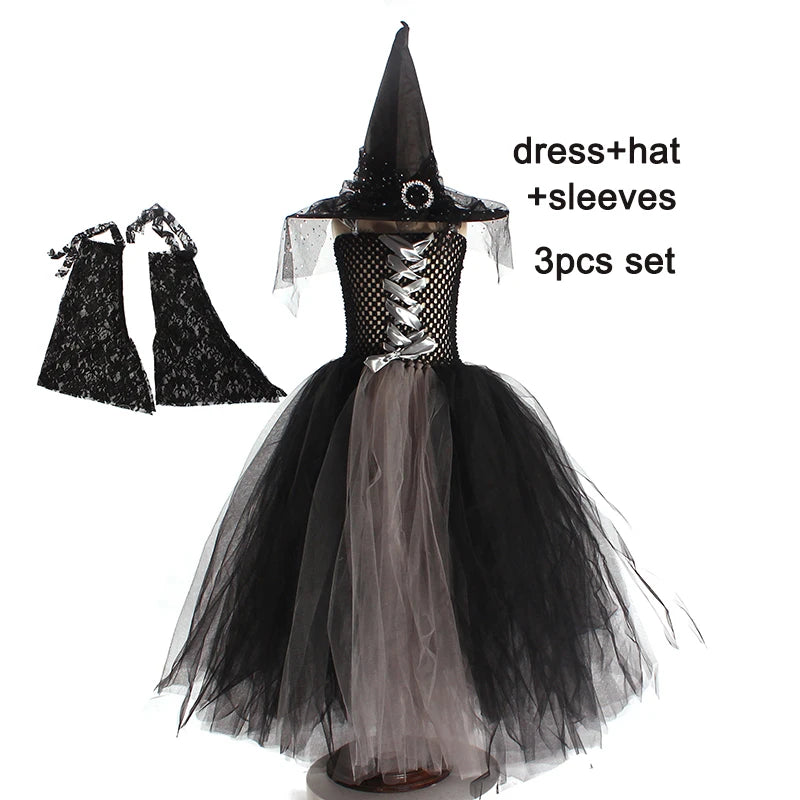 Girls Gothic Halloween Ghost Witch Costume Flare Sleeve Kids Gown Robe Tutu Dress with Witch Hat for Purim Carnival Party