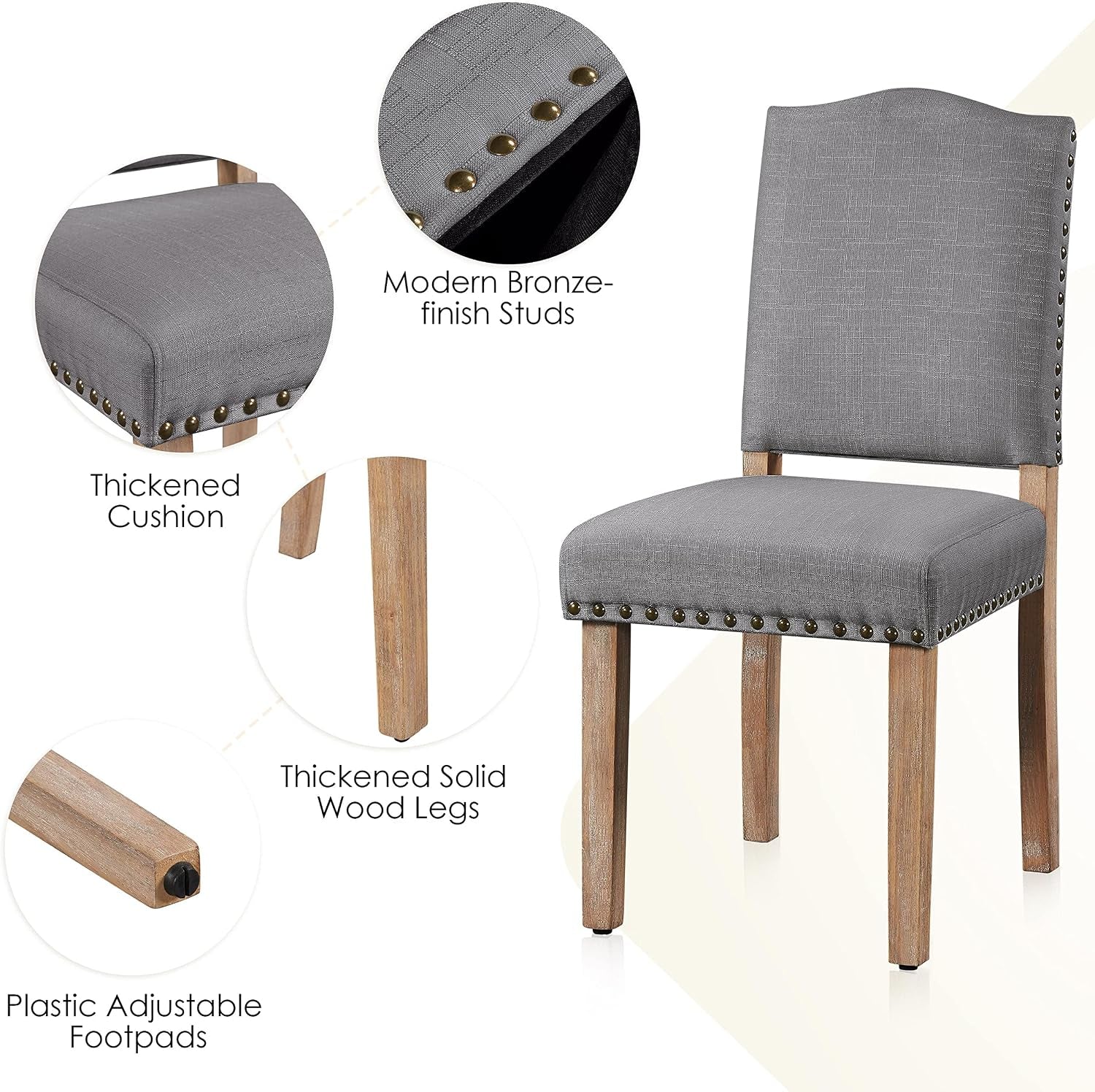 Fabric Dining Chairs Set of 6 Nailhead Trim Upholstered Dark Grey | Upholstered Armless Kitchen Chairs Padded Seat, Dining Room Chairs Side Chairs for Living Room Restaurants, Cafés, Hotels