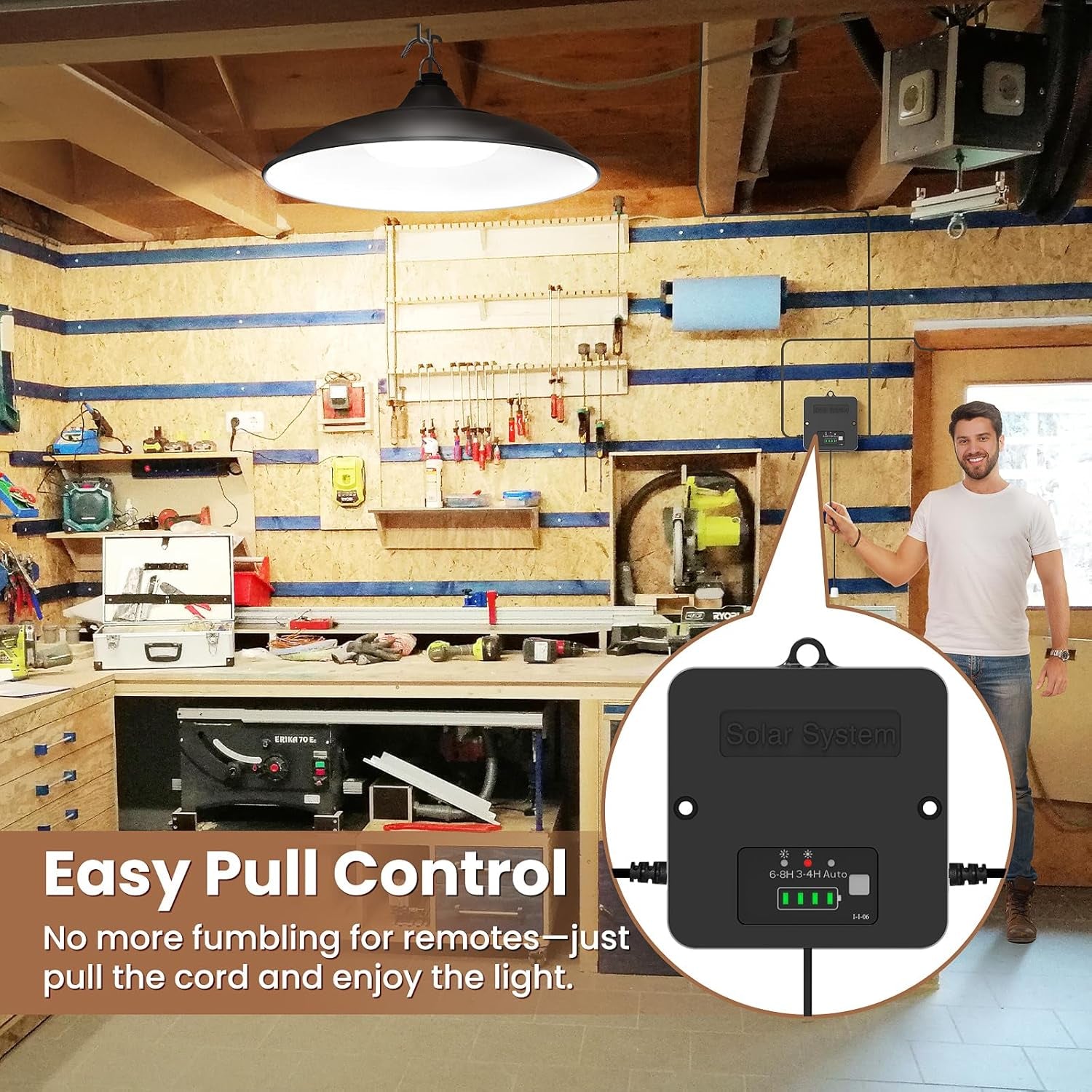 Solar Shed Light Indoor Outdoor, 2000LM Daytime Available Pendant Light with Pull Cord, Power Display & Mode Indicator, 3 Lighting Modes Solar Lights IP65 Waterproof for Garage Gazebo Porch