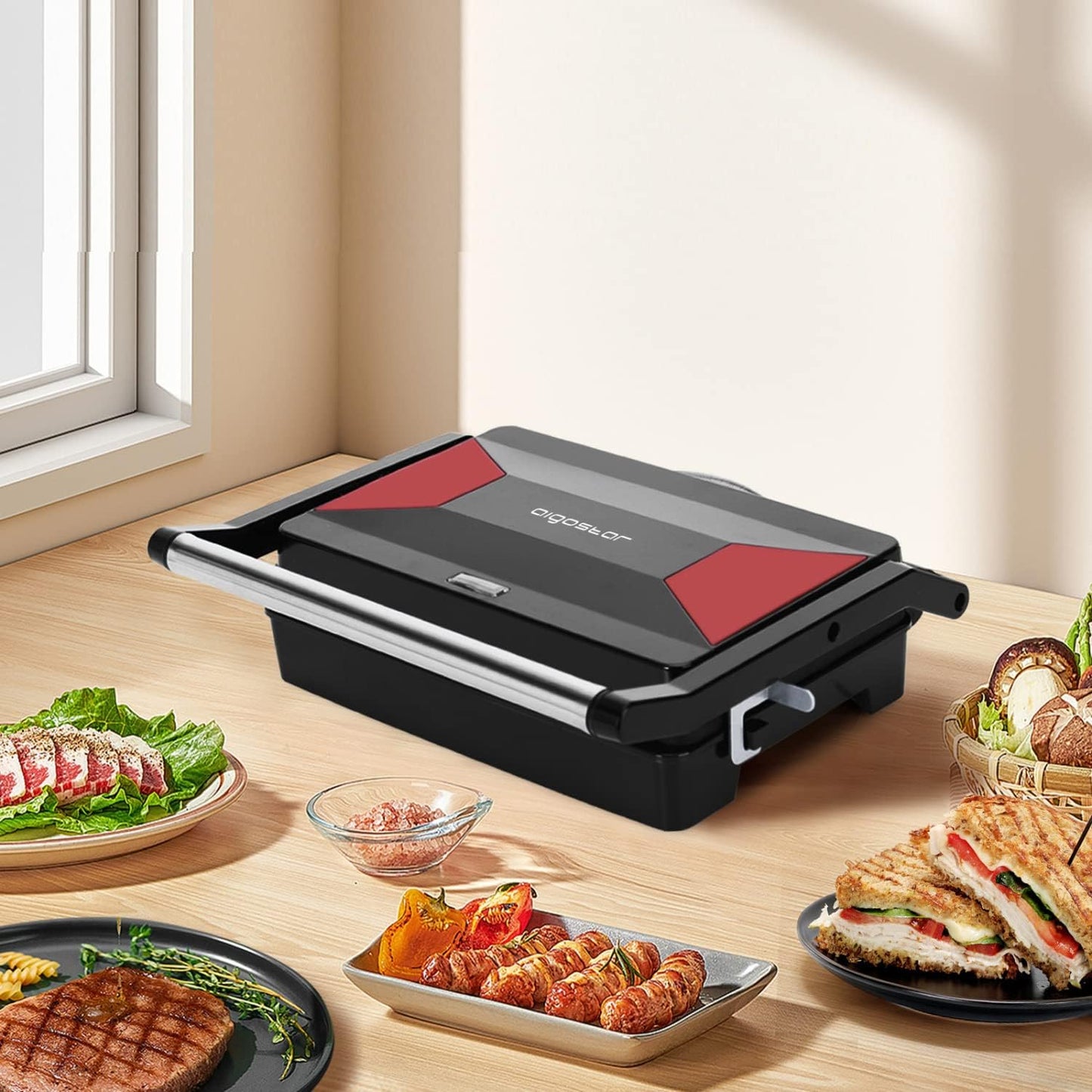 Sandwich Toaster Panini Press, 1000W Deep Fill Toastie Maker, Non-Stick-Coated Aluminium Plates, Indicator Light, Stainless Steel, Black-Larissa