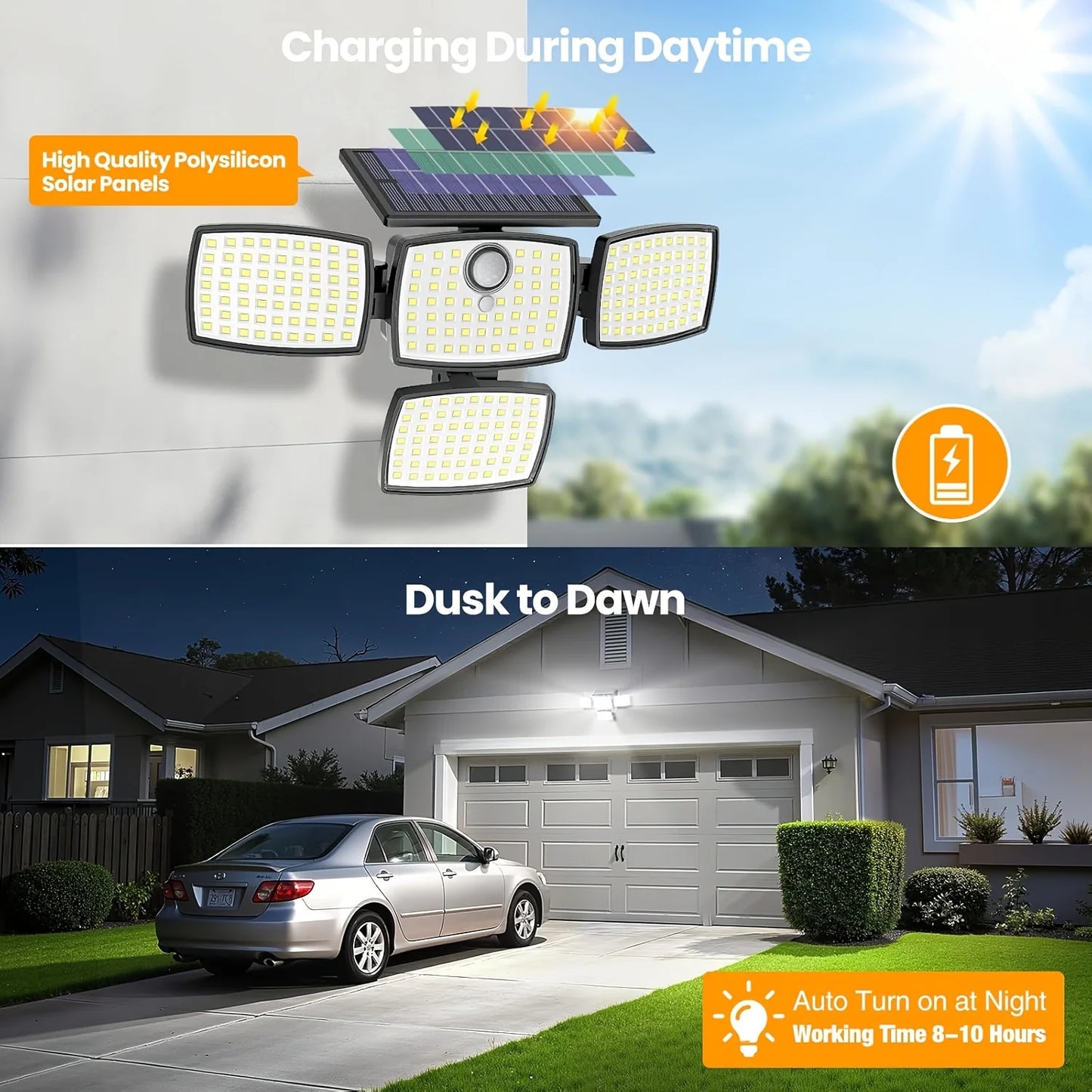 358 LED Solar Motion Sensor Security Lights 3 Heads Remote