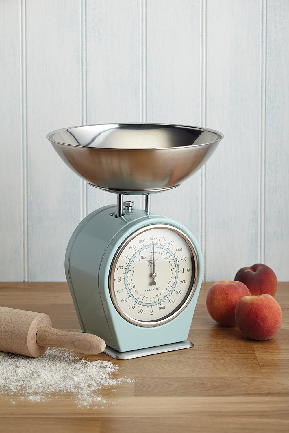 Living Nostalgia Mechanical Kitchen Scale with Bowl in Gift Box, Scale Made of Cast Iron with Acacia Wood Stand, Vintage Blue