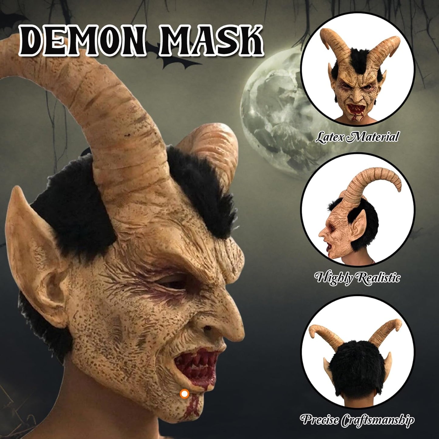 Realistic Animal Skull Demon Mask, Full Face Scary Mask with Hair Details for Halloween Decor