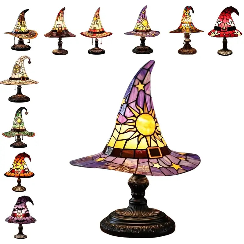 Stained Glass Witch Hat Lamp Magic LED Witch-Hat Lamp USB Creative Table Lamp Night Light for Bedroom Room Decor Halloween