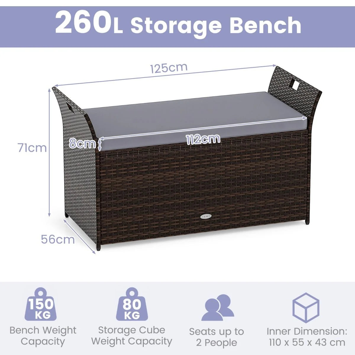 Outdoor Storage Bench with Hand-Woven PE Rattan Wicker and Side Handles