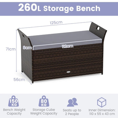 Outdoor Storage Bench with Hand-Woven PE Rattan Wicker and Side Handles