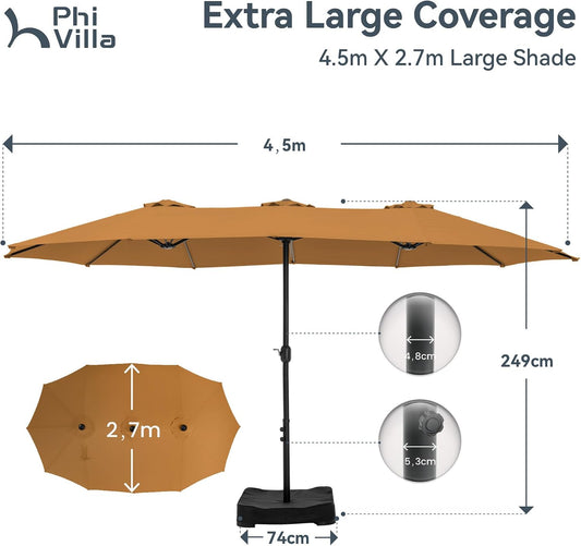 2.7X4.5M Garden Parasol Umbrella for Sun Protection with Base Included and Crank Patio Outdoor Waterproof Umbrella
