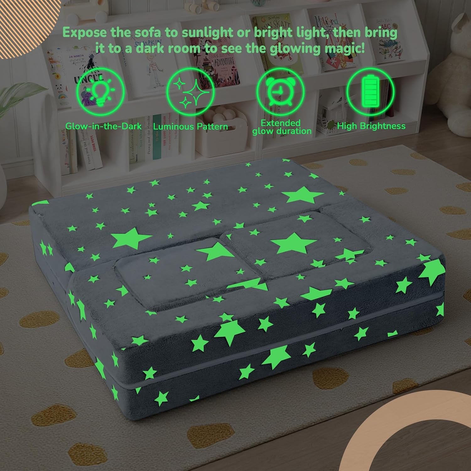Kids Sofa Bed, Modular Toddler Couch, Glow in the Dark Stars Kids Chair Lounger Fold Out, Baby Mini Couch Bedroom Furniture for Playroom, Grey Star