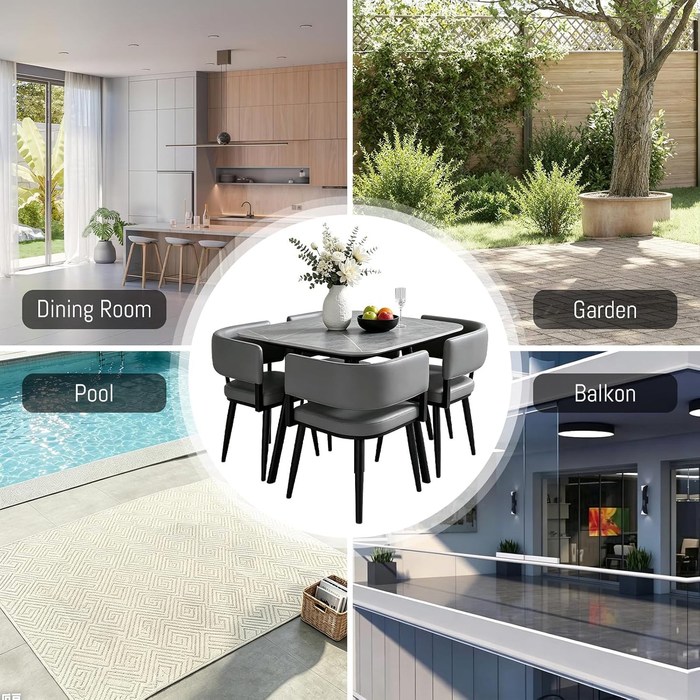 Square Dining Table and Chairs Set for 4, Rock Slab Kitchen Table with 4 PU Leather Chairs, 5 Pieces Dining Room Set for Small Space Apartment Reception, Space Saving, Square Gery