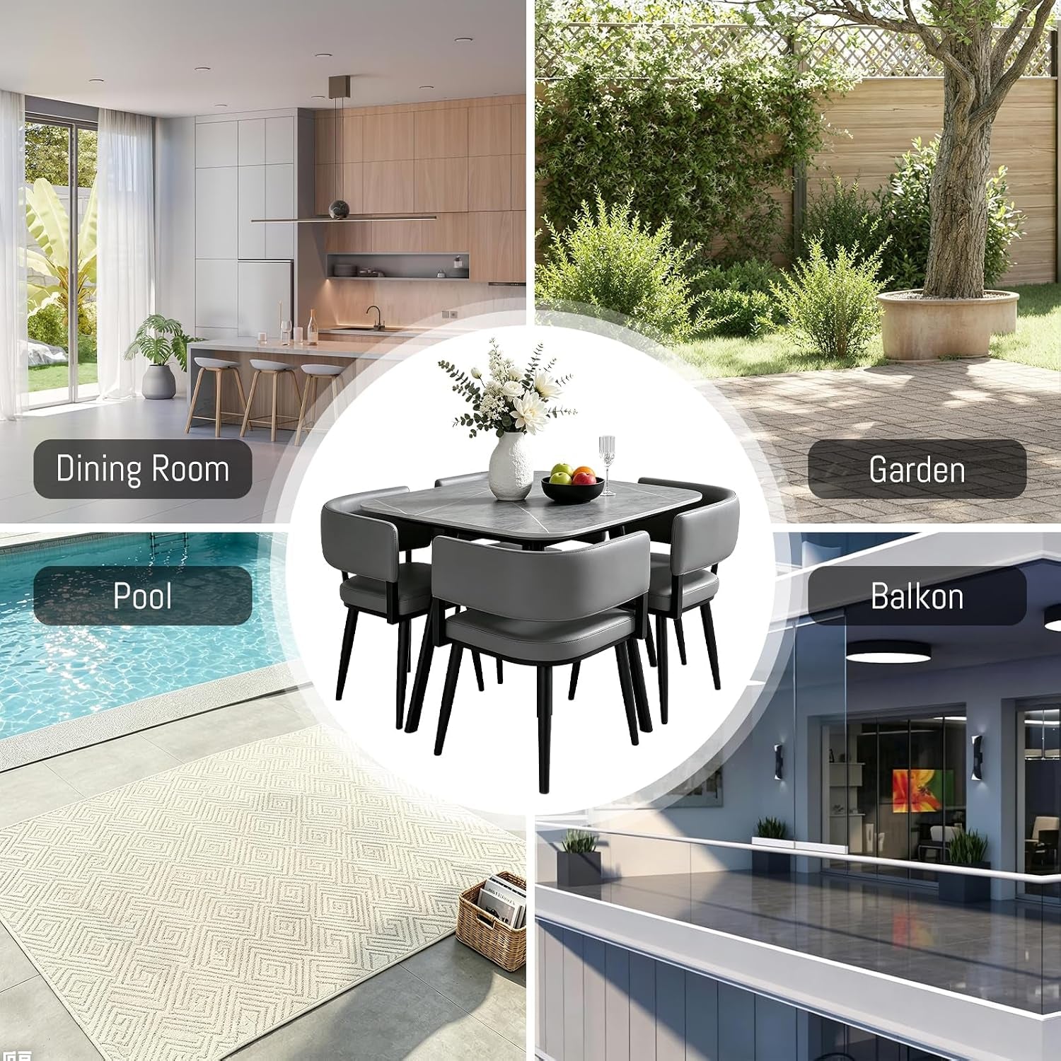 Square Dining Table and Chairs Set for 4, Rock Slab Kitchen Table with 4 PU Leather Chairs, 5 Pieces Dining Room Set for Small Space Apartment Reception, Space Saving, Square Gery