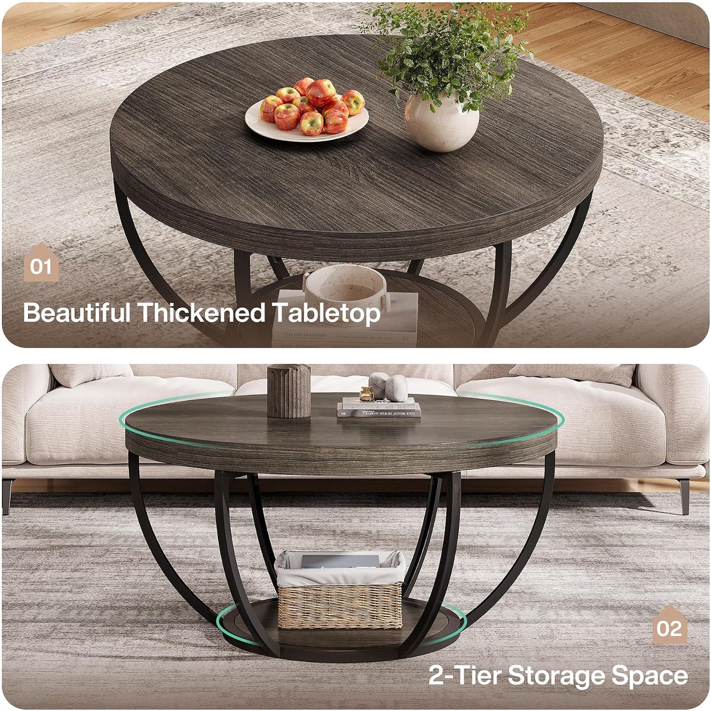 round Coffee Table, 31.7 Inches, 2-Tier Circular Wooden Side Table with Storage Shelves, Modern Living Room End Table, Grey