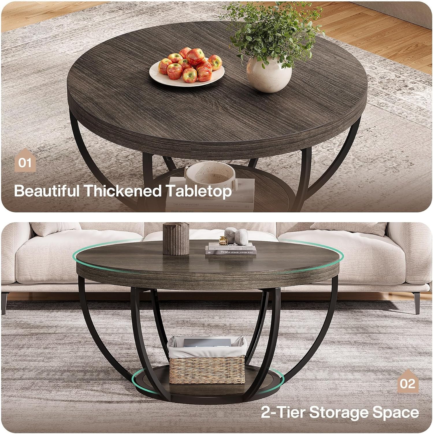 round Coffee Table, 31.7 Inches, 2-Tier Circular Wooden Side Table with Storage Shelves, Modern Living Room End Table, Grey