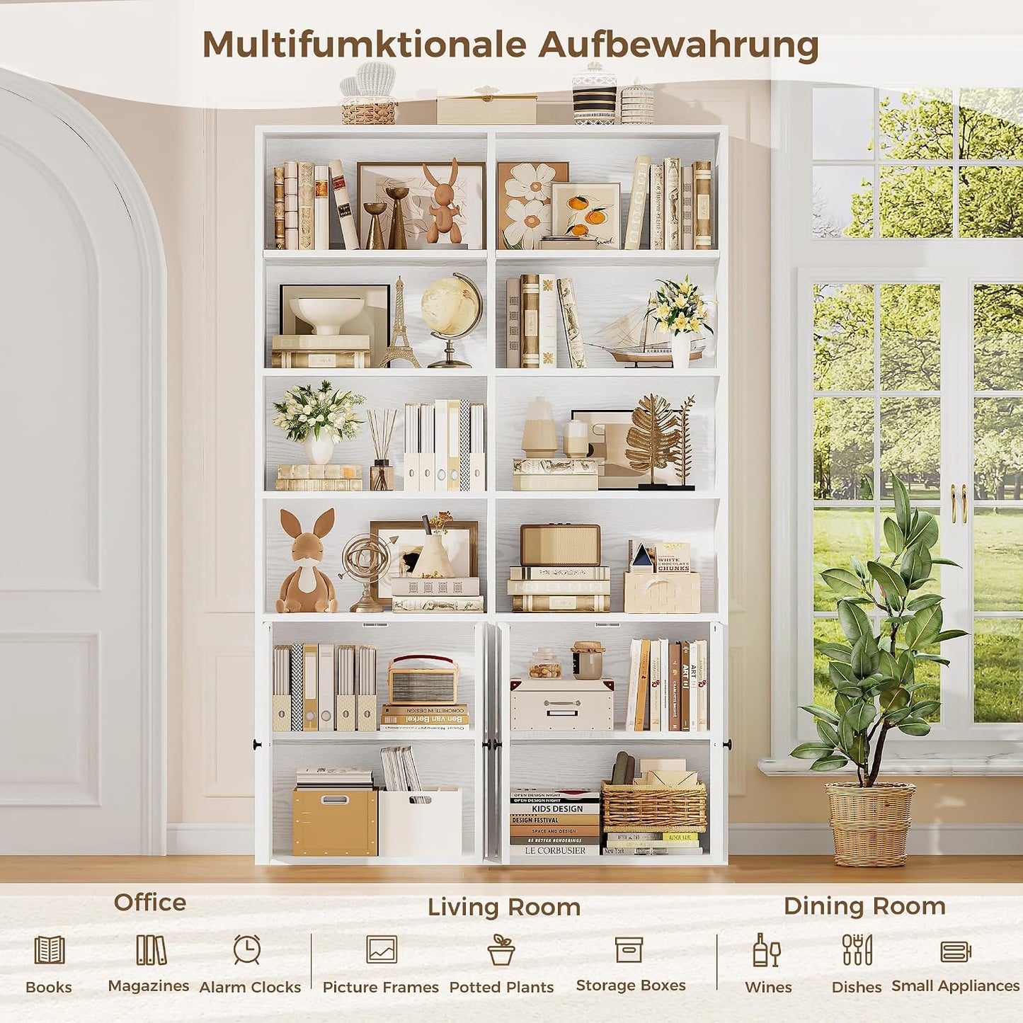 Bookcase with Doors, 180Cm Tall Bookshelf, 6 Tier Living Room Bookcases, 8 Open Compartments, Free Standing Display Shelf, Wooden Shelving Storage Unit for Home Office 108×30×180Cm (White)