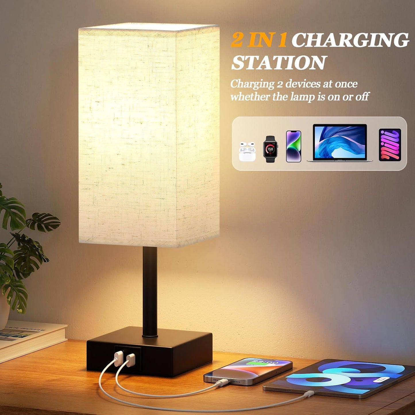 Touch Bedside Lamps, Bedside Table Lamp with USB A+C Charging Ports, Touch Lamps Bedside for Bedroom/Living Room/Study Room/Office, 3-Way Dimmable Reading Light (LED Bulb Included)