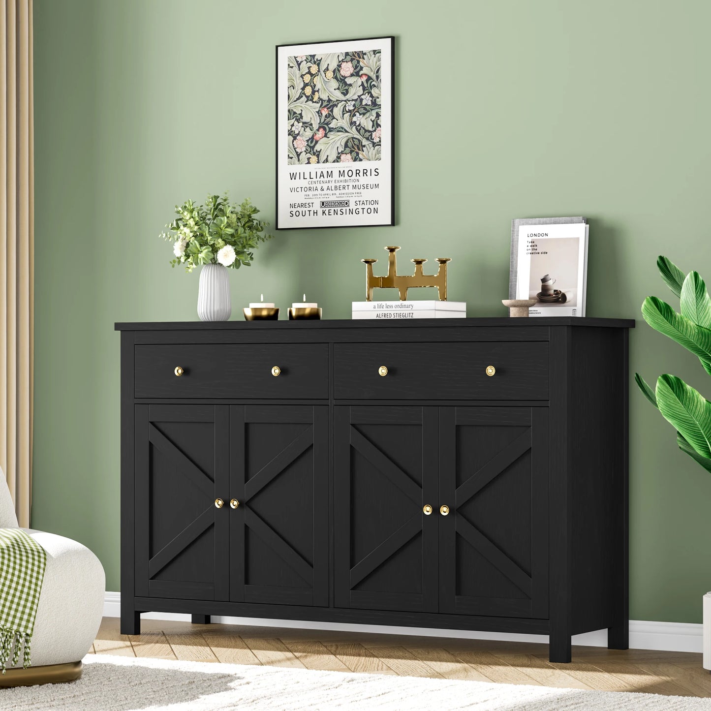 White Sideboard Storage Cabinet 140Cm Large Kitchen Cabinet for Living Room Dining Room