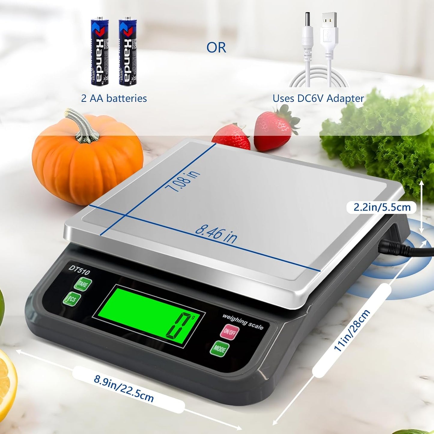 Kitchen Weighing Scales 40Kg 88Lb Stainless Steel with Tare 6 Units | Baking Scales, with LCD Display and PCS Features for Baking Bread Cooking Food Scales Digital Commercial Scale