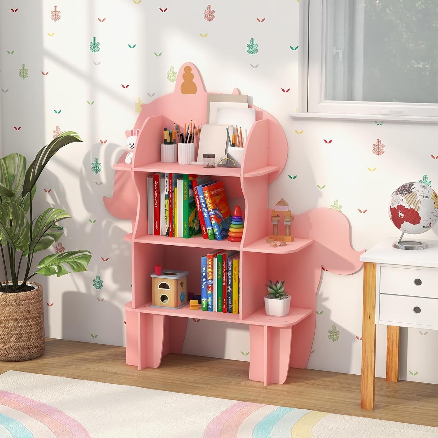 Children Bookcase, Cute Toy Storage Unit with Open Shelves, Wooden Toddler Bookshelf Organizer for Kids Room, Play Room, Nursery (Unicorn)