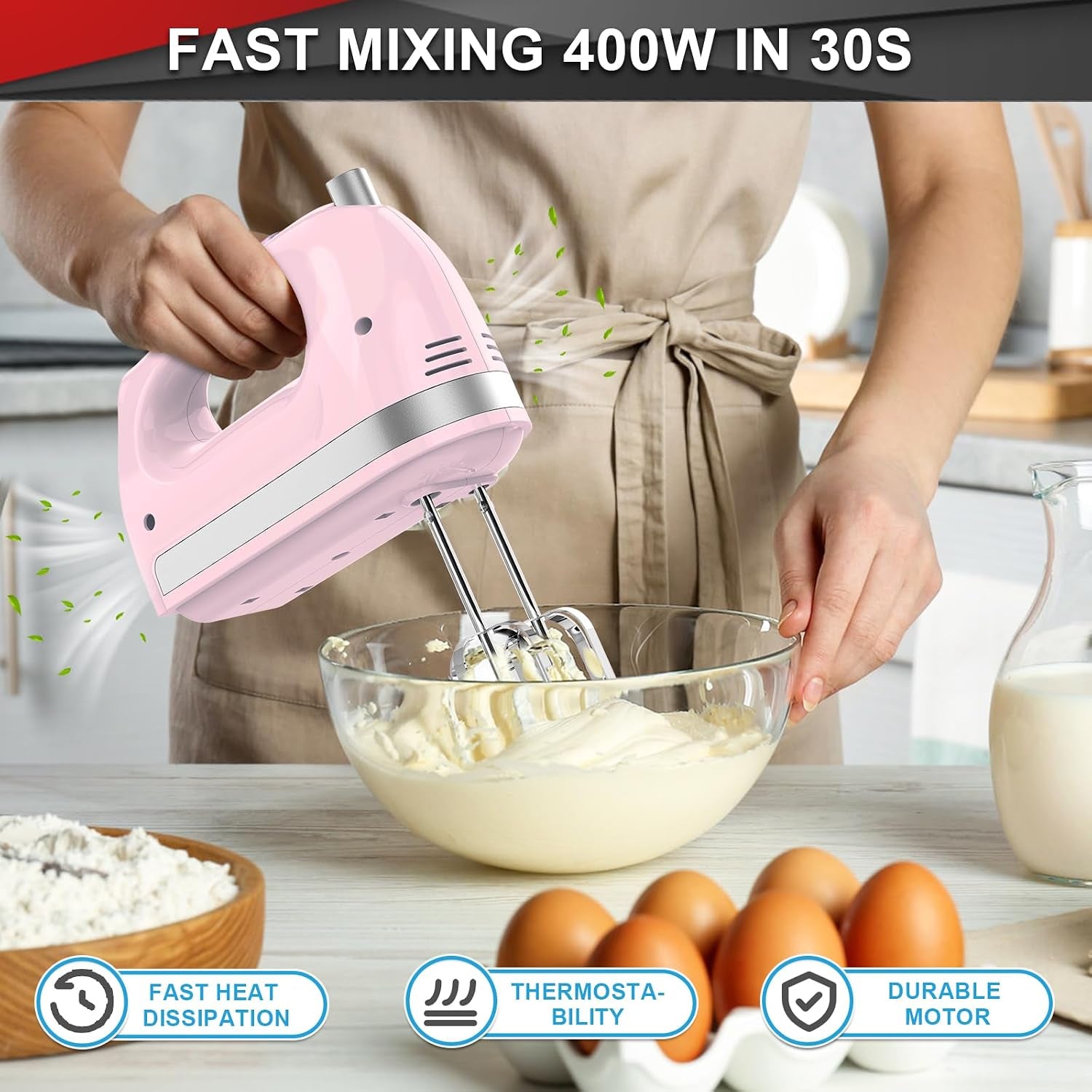 Hand Mixer Electric Whisk, 400W Power Handheld Mixer for Baking Cake Egg Cream Food Beater, Turbo Boost/Self-Control Speed + 5 Speed + Eject Button + 5 Accessories, Pink | Handheld Mixer for Egg Cream Food Beater, Turbo Boost/Self-Control Speed + Eject Button + 5 Accessories, Pink
