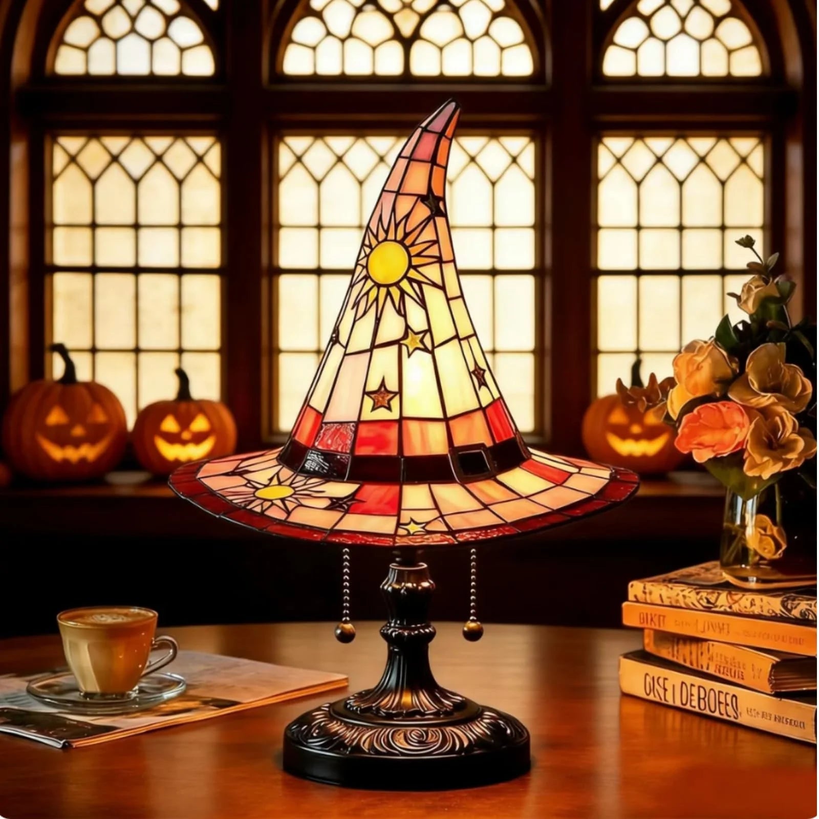 Stained Glass Witch Hat Lamp Magic LED Witch-Hat Lamp USB Creative Table Lamp Night Light for Bedroom Room Decor Halloween
