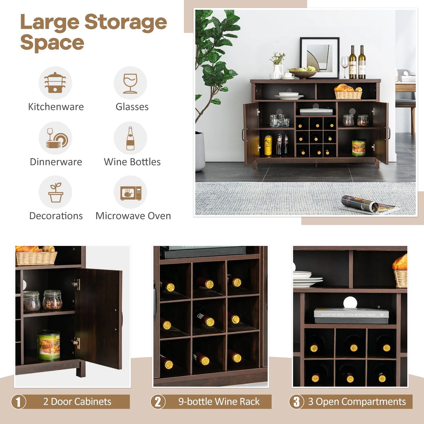 Buffet Storage Cabinet with Detachable 9-Bottle Wine Rack and 2 Door Cabinets