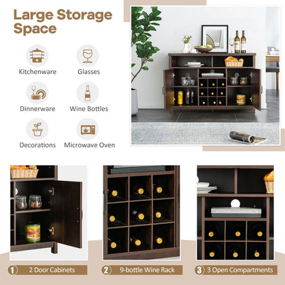Buffet Storage Cabinet with Detachable 9-Bottle Wine Rack and 2 Door Cabinets