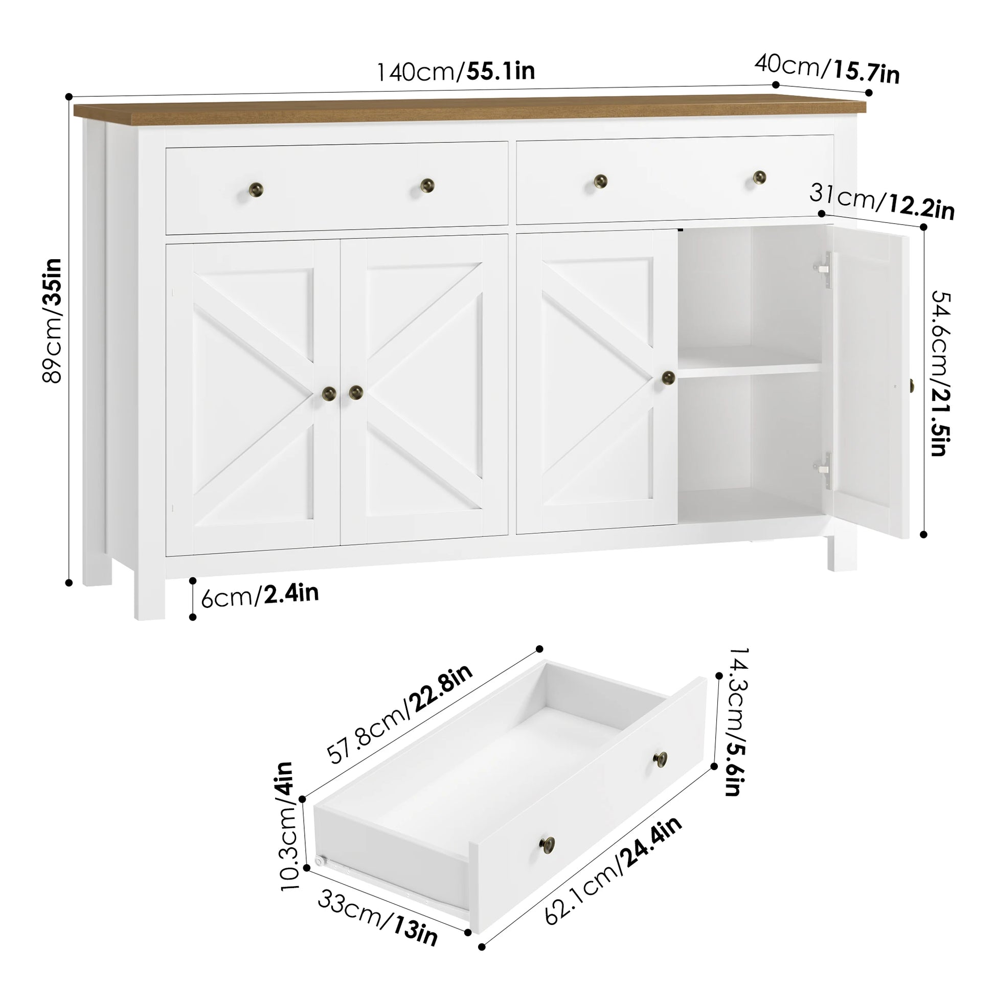 White Sideboard Storage Cabinet 140Cm Large Kitchen Cabinet for Living Room Dining Room