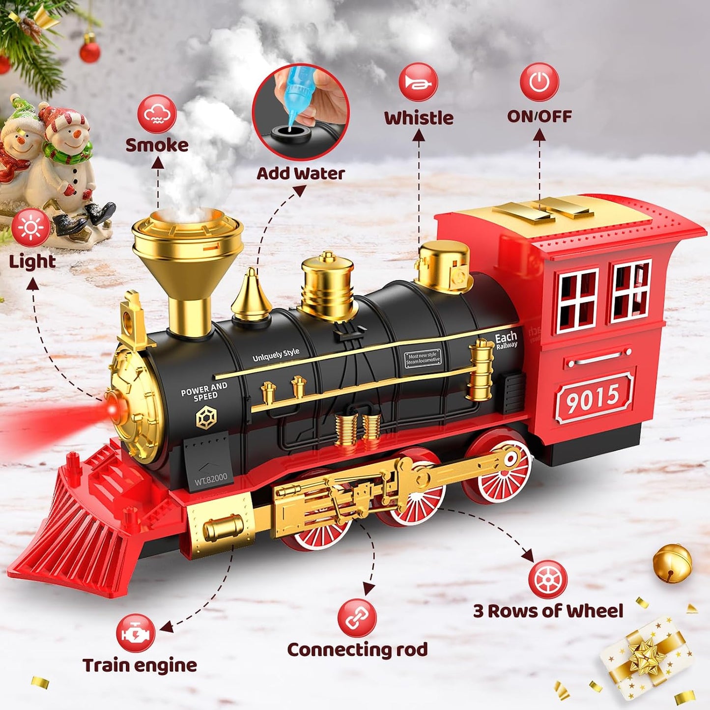 Christmas Electric Train Set for 3 4 5 6 Year Old Boys under Tree | Train Set for Kids Adults, Train for around the Christmas Tree, Steam Train Toy with Smoke