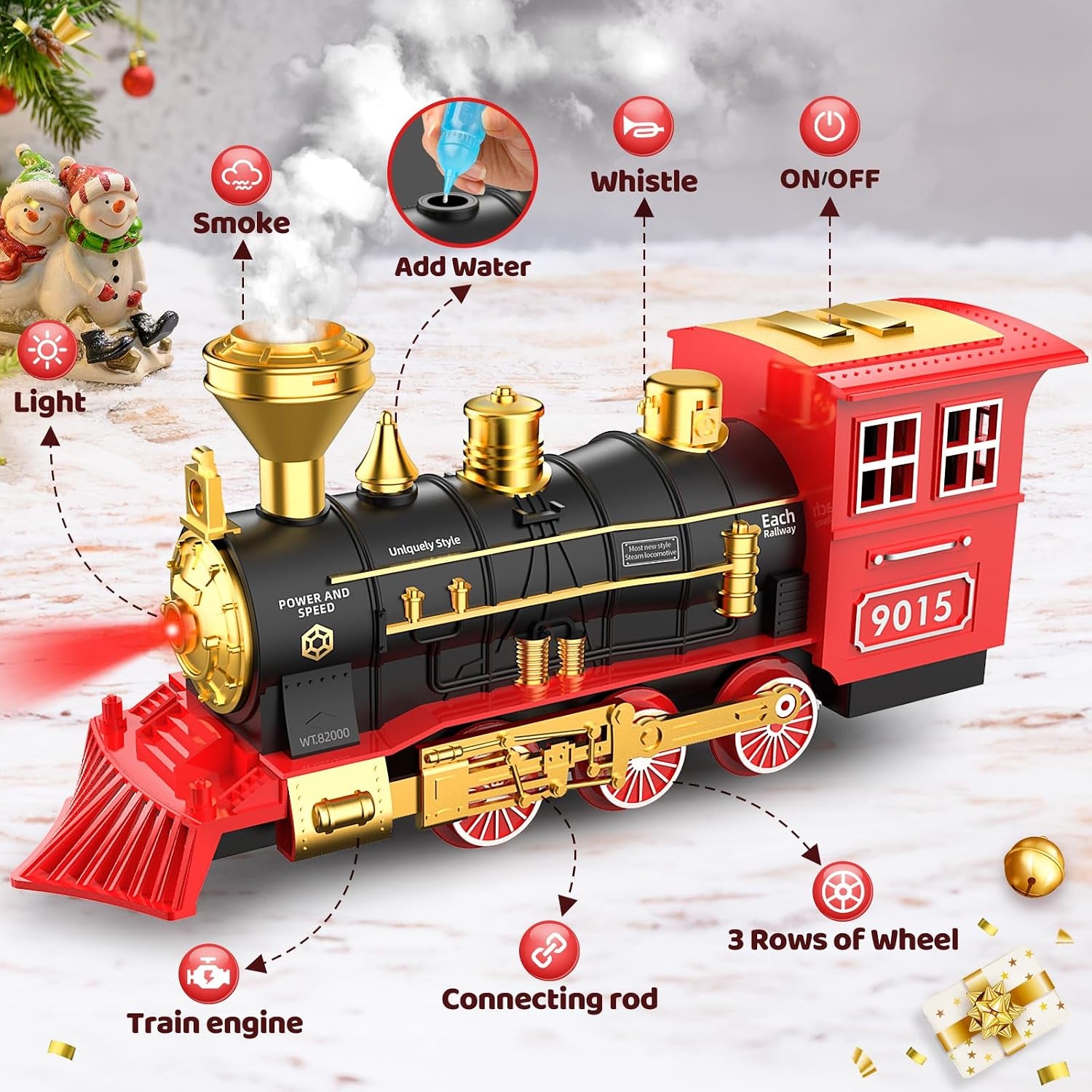 Christmas Electric Train Set for 3 4 5 6 Year Old Boys under Tree | Train Set for Kids Adults, Train for around the Christmas Tree, Steam Train Toy with Smoke