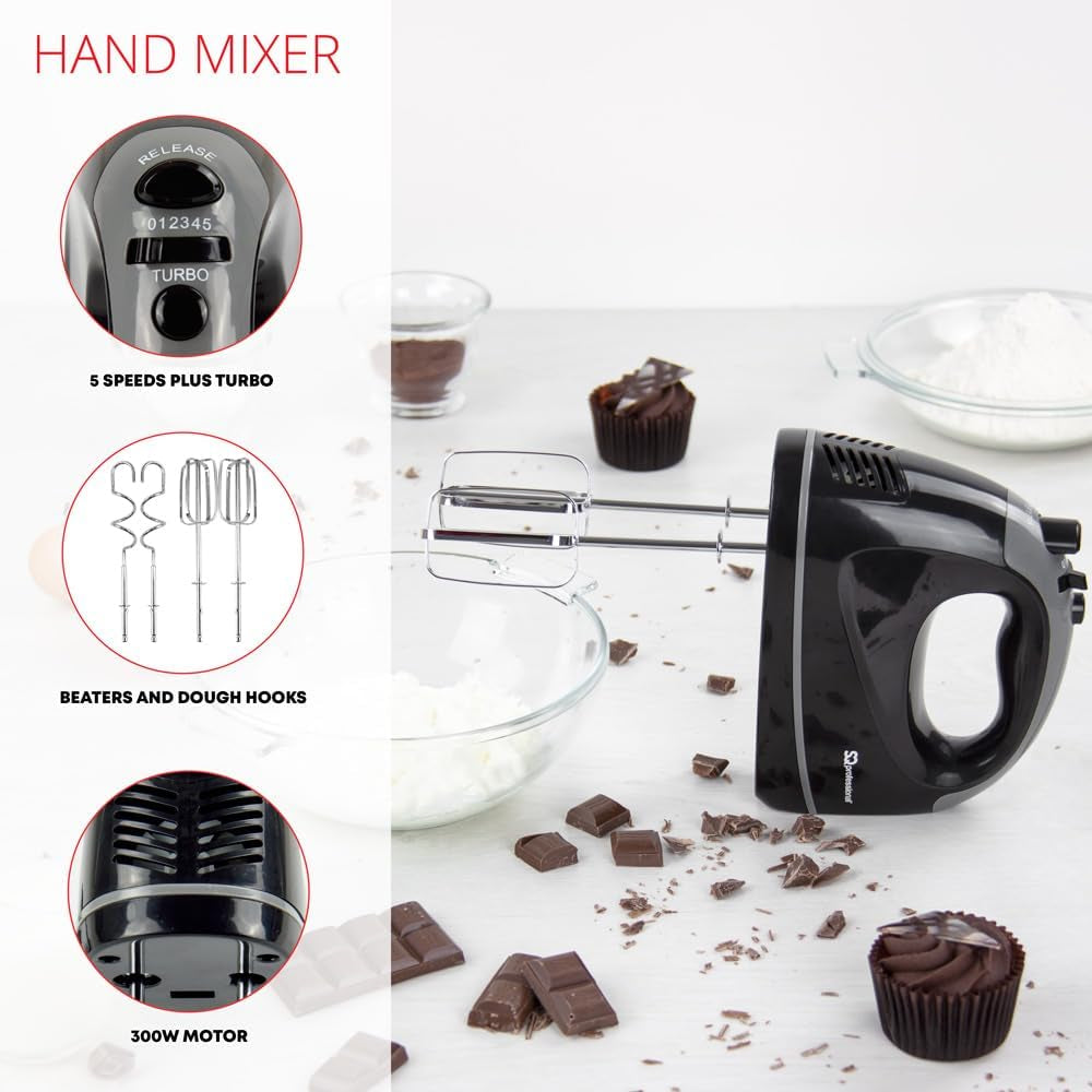 Blitz Hand Mixer Electric Whisk for Baking Electric Beater 5 Speed Control Hand Mixer Stainless Steel Kneader and Beaters for Baking Mixer 300W (Black)