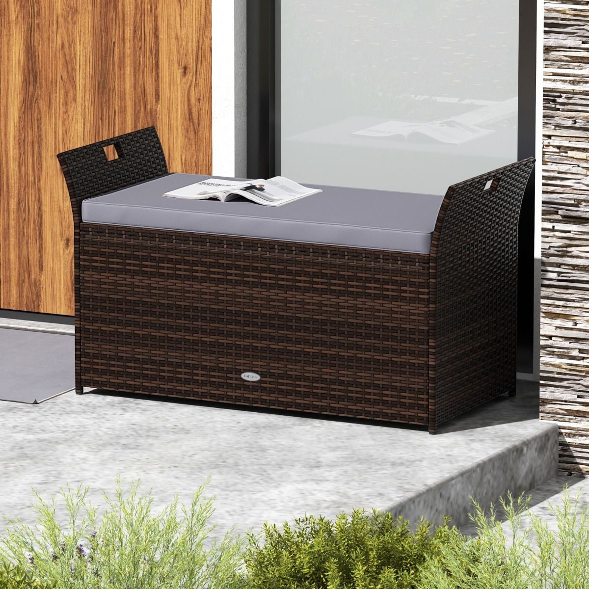 Outdoor Storage Bench with Hand-Woven PE Rattan Wicker and Side Handles