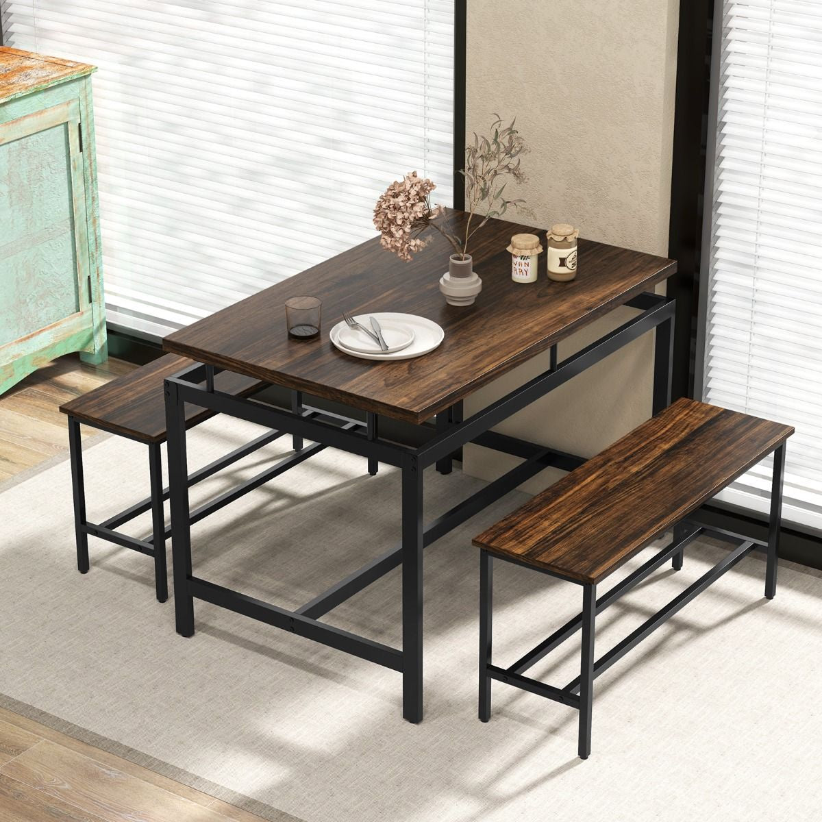 3 PCS Kitchen Dining Room Furniture Set with 108Cm Wooden Kitchen Table