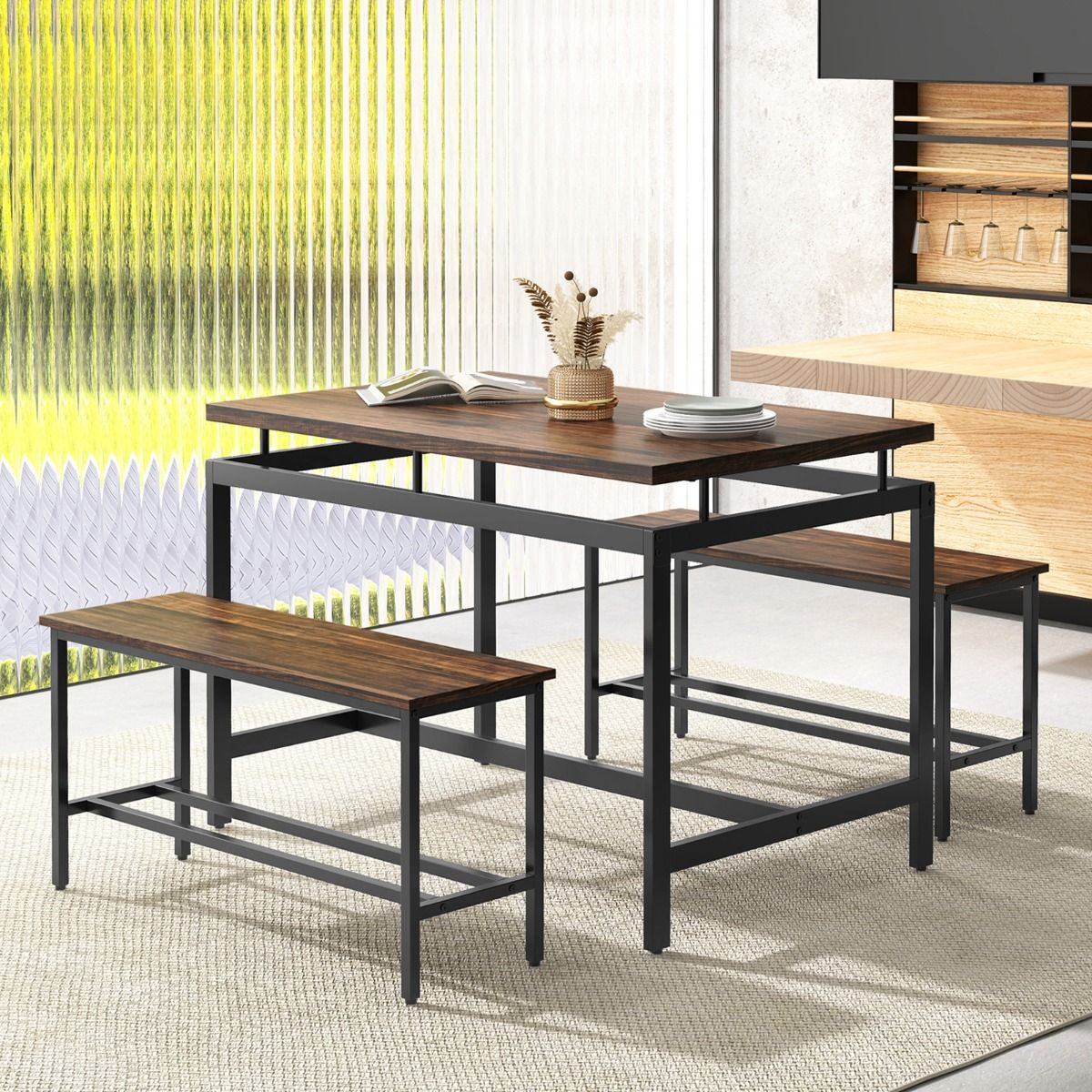 3 PCS Kitchen Dining Room Furniture Set with 108Cm Wooden Kitchen Table