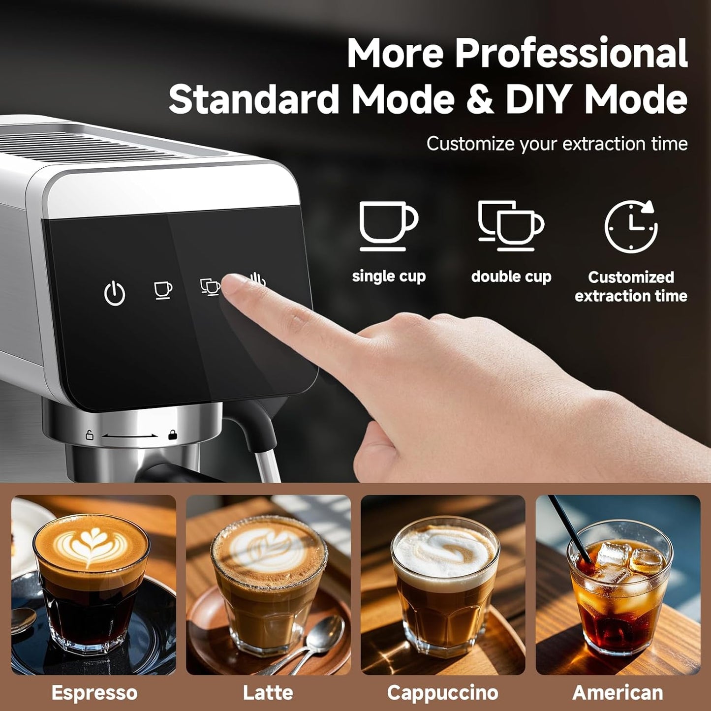 Coffee Machine 20 Bar, 1350W Espresso Machine, Compact Stainless Steel Coffee Machines with LED Touch Screen, Powerful Steam Wand, Removable Water Tank