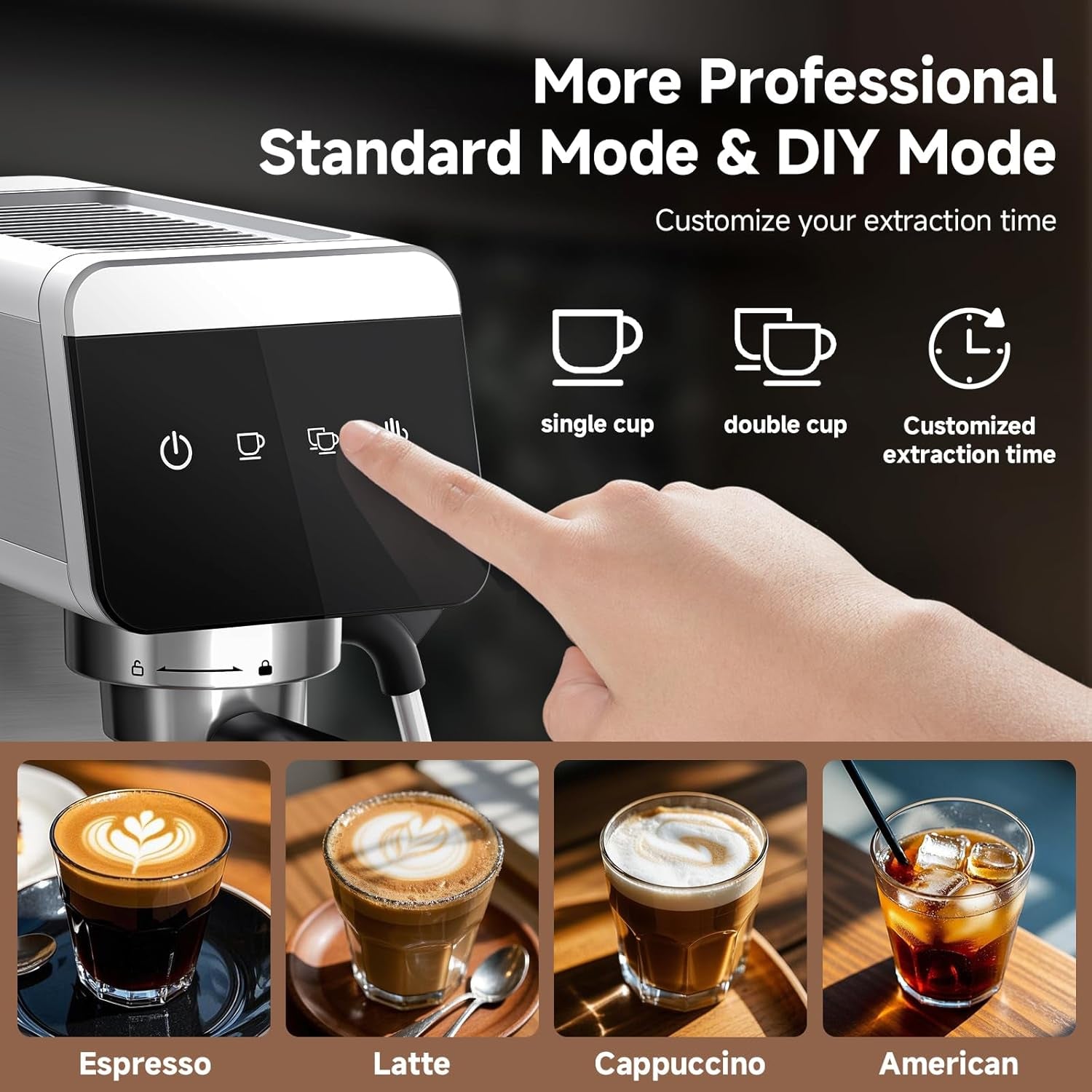 Coffee Machine 20 Bar, 1350W Espresso Machine, Compact Stainless Steel Coffee Machines with LED Touch Screen, Powerful Steam Wand, Removable Water Tank