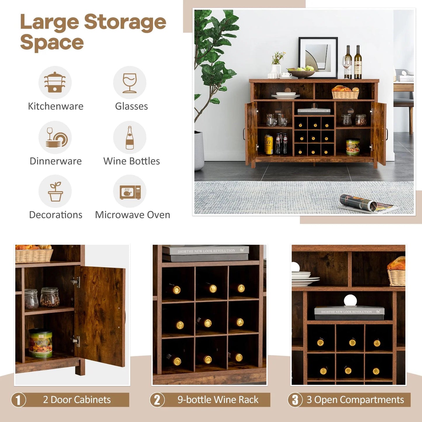 Buffet Storage Cabinet with Detachable 9-Bottle Wine Rack and 2 Door Cabinets