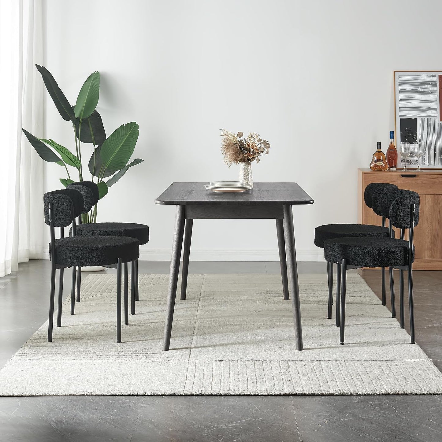 Modern Dining Room Chairs, Mid-Century round Upholstered Boucle Kitchen Dining Chairs with Black Metal Legs (4, Black)
