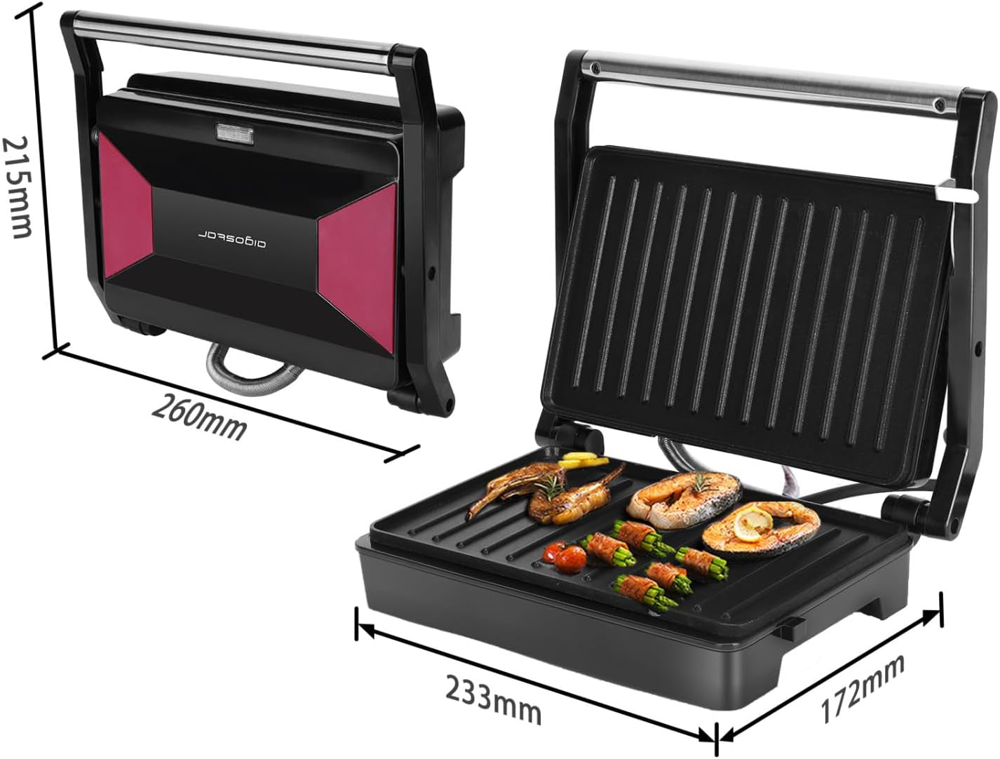 Sandwich Toaster Panini Press, 1000W Deep Fill Toastie Maker, Non-Stick-Coated Aluminium Plates, Indicator Light, Stainless Steel, Black-Larissa