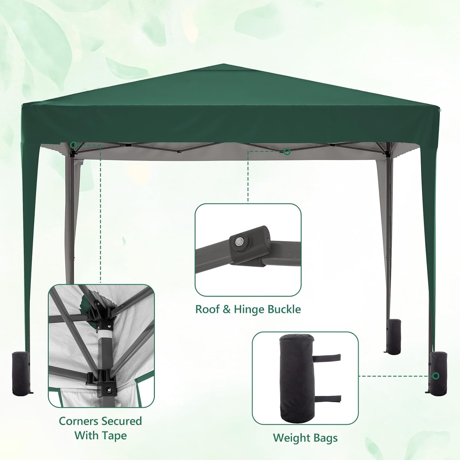 Pop up Gazebo with Sides, 3M X 3M Waterproof with 2 Free Weather Support Beams 4 Gazebo Weight Bags. Garden Canopy Outdoor, Party Tent, 260G Polyester Powder Coated Steel Frame. GREEN