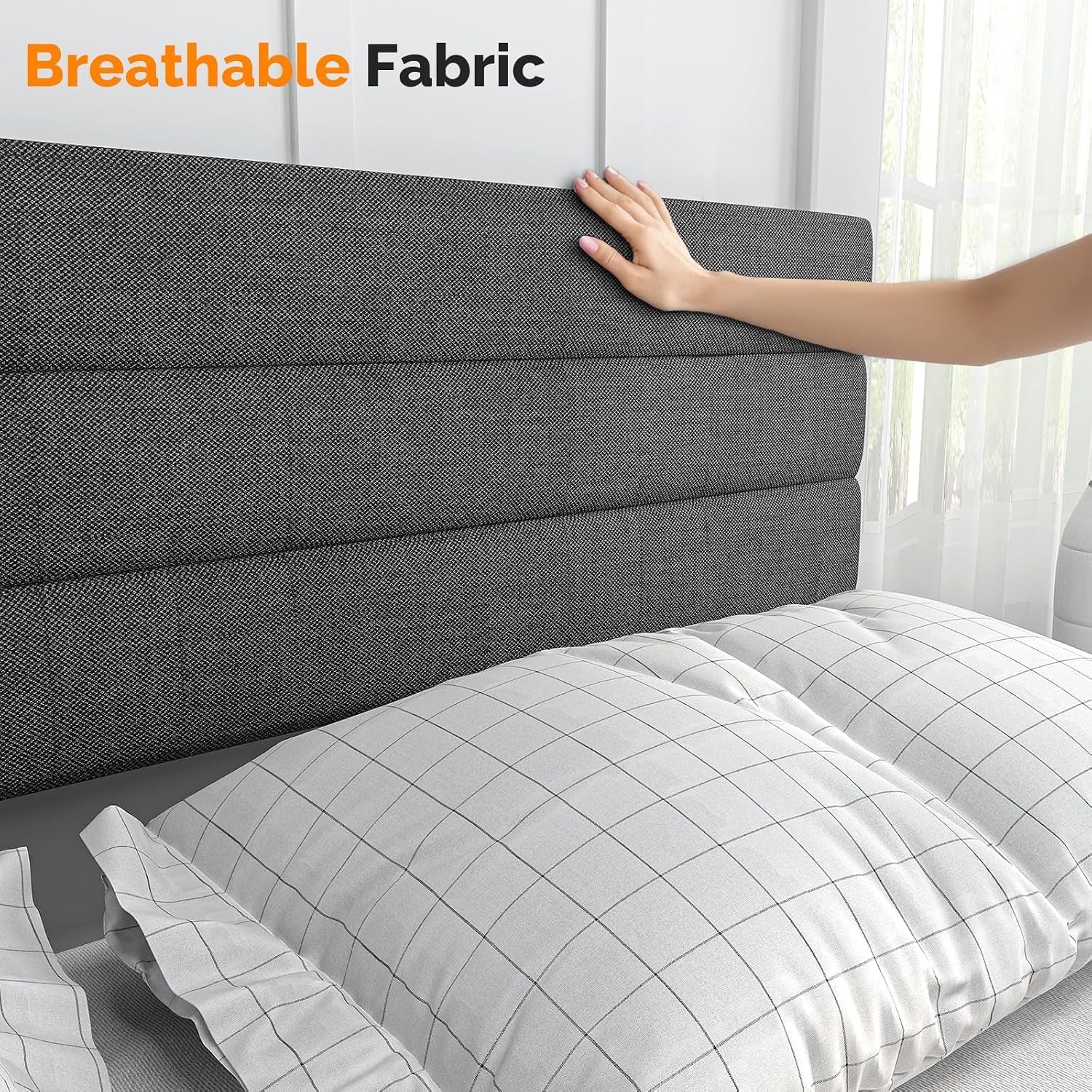 Single Bed Frame, Upholstered Platform Bed with Headboard & under Bed Storage - Sturdy Wooden Slat Support - No Box Spring Needed, Linen-Like Fabric, Light Grey, 90 X 190 Cm