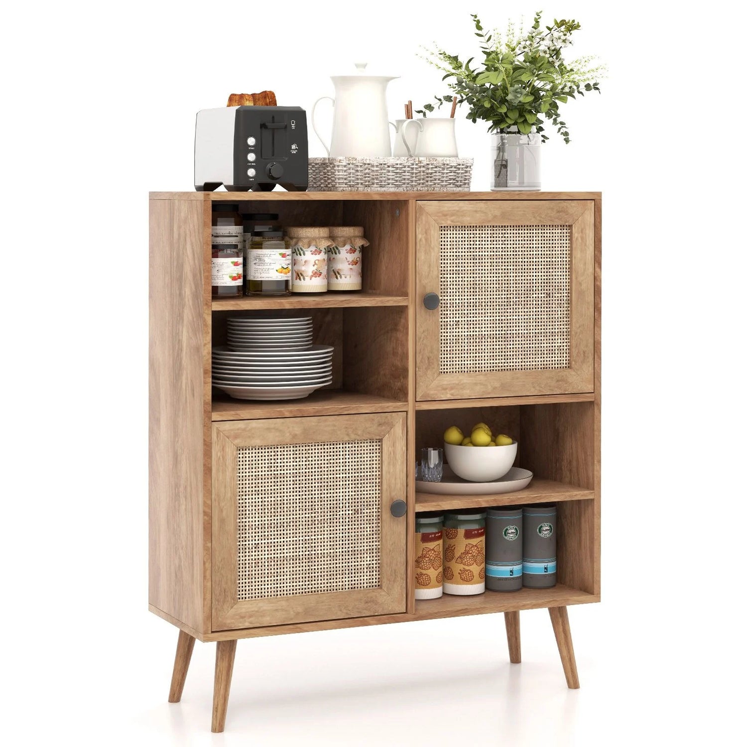 Rattan Sideboard Buffet Cabinet with 4 Cubbies and 2 Rattan-Decorated Doors