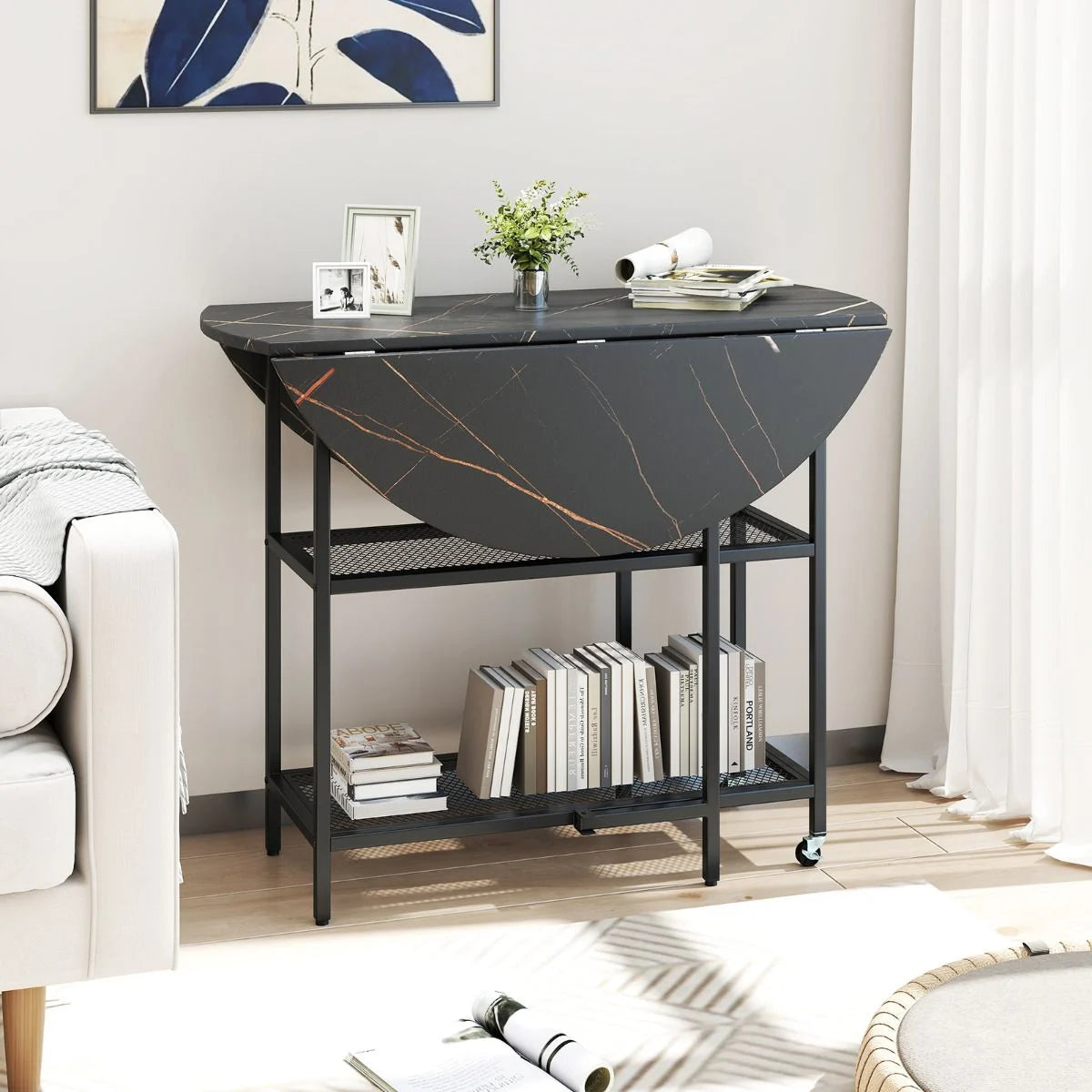 Round Kitchen Table Modern Dining Table with Drop Leaf Tabletop