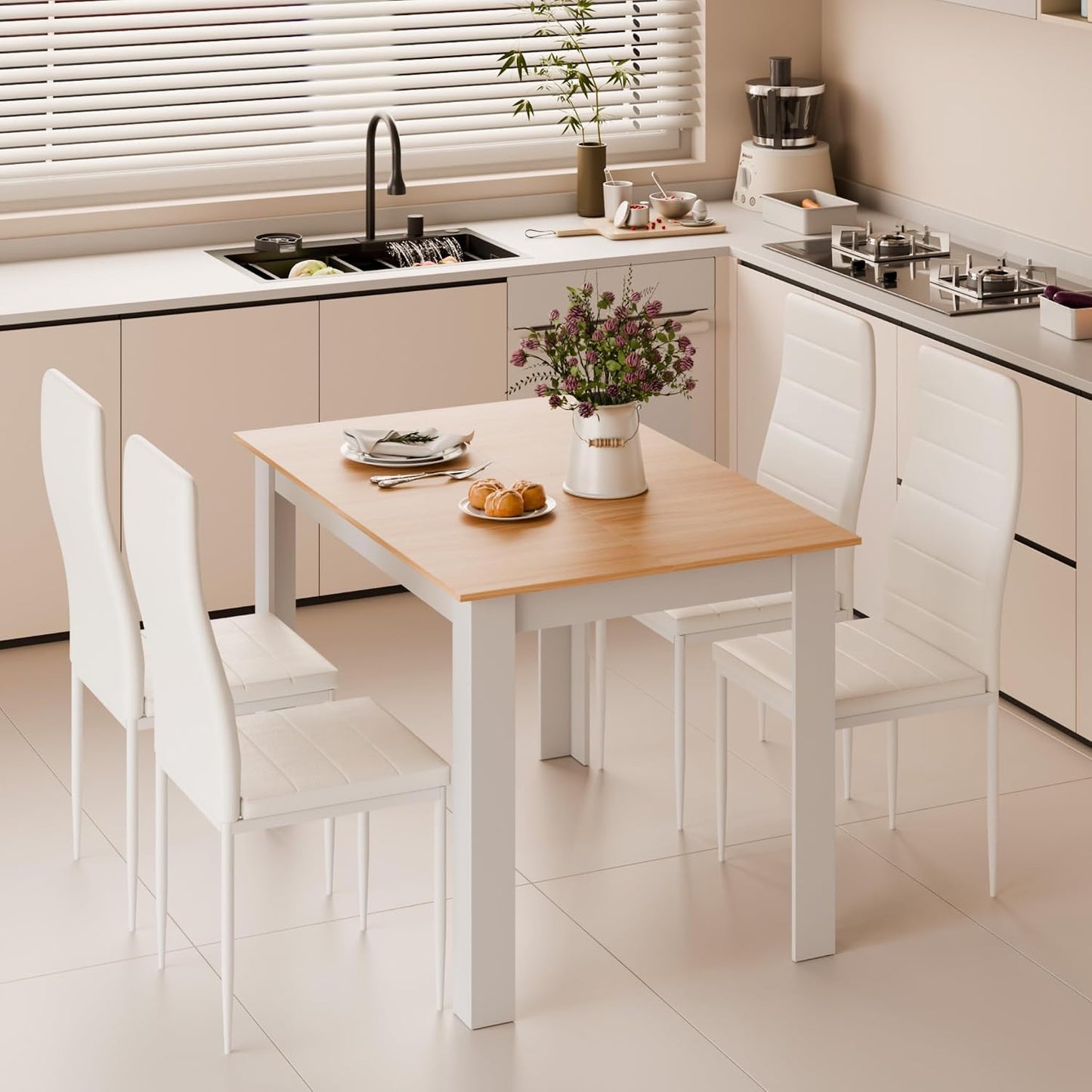 Dining Table and Chairs Set 4, 120X80X75Cm, for Kitchen Home Office | 4 Seater Table and Chairs Set Dining Room Sets High Back Faux Leather Chair, Oak Table and White Chairs