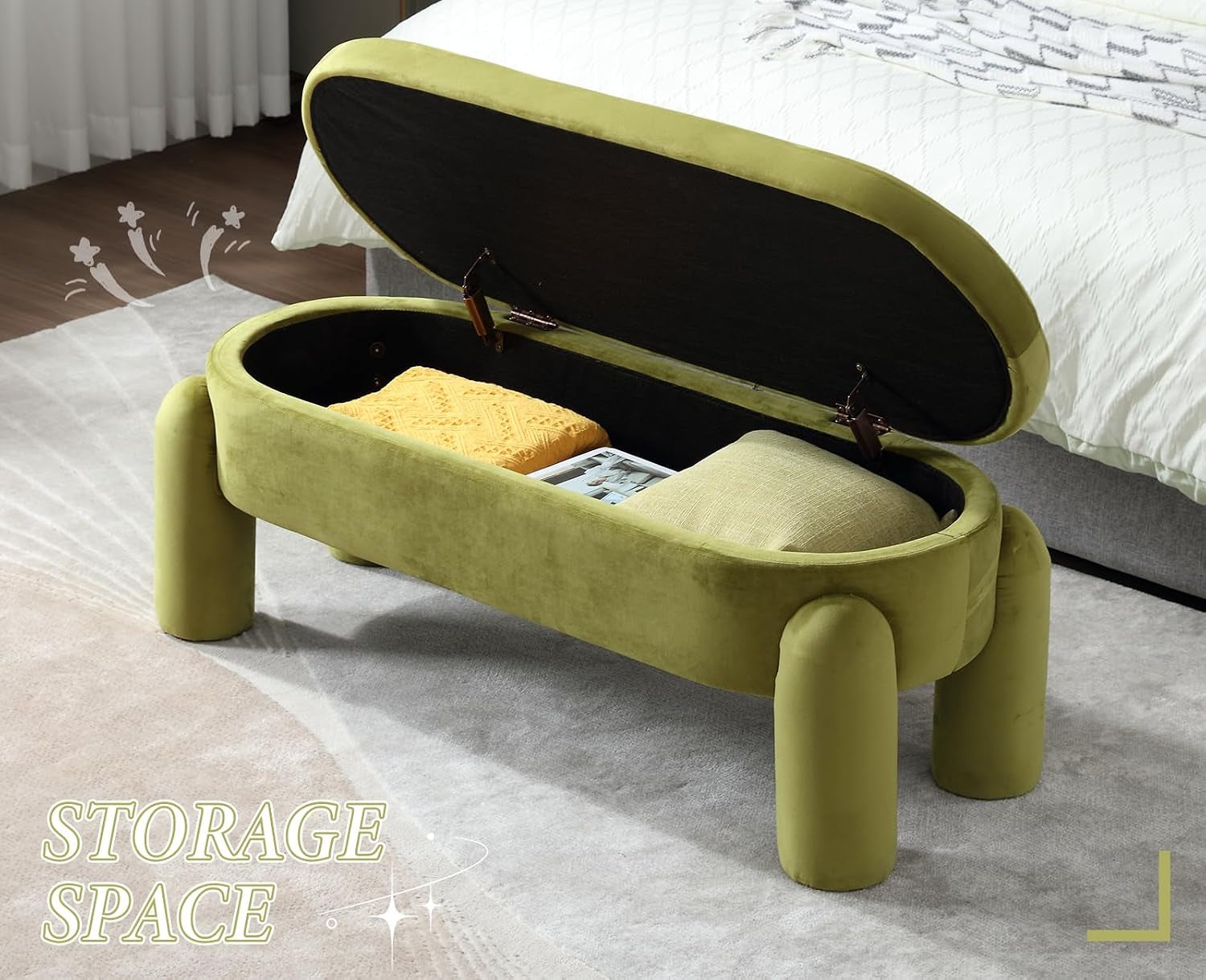 Upholstered Storage Ottoman Seat Velvet Window Bench Corner Bench for Bedroom Living Room (Green)