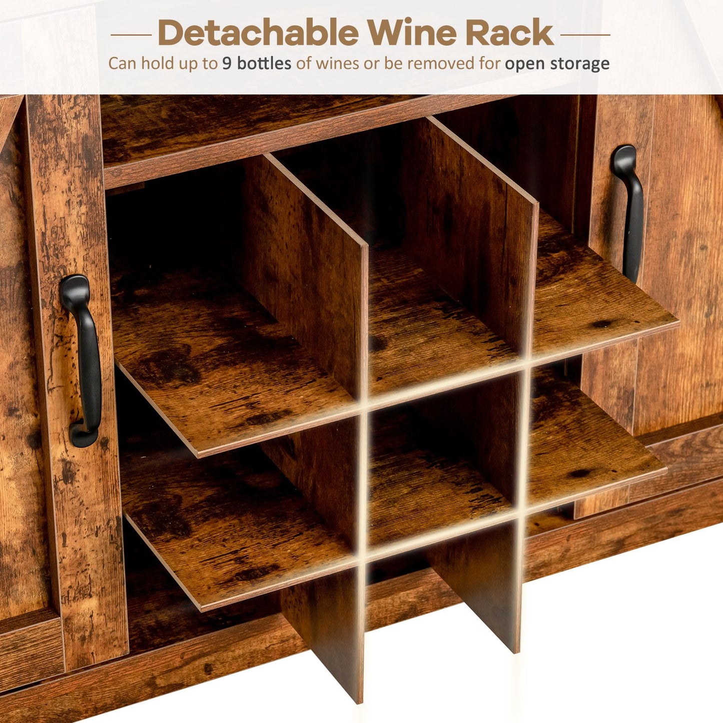 Buffet Storage Cabinet with Detachable 9-Bottle Wine Rack and 2 Door Cabinets
