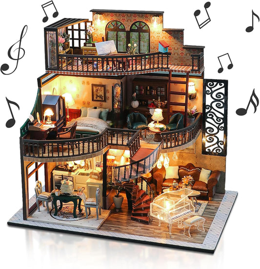 DIY Miniature Dolls House Kit with Music Box & LED, 1:24 Scale | Wooden Handmade Crafts for Adults Teens, Make Your Own Dream House Model, Home Decoration, Unique Gift (Vintage Loft)