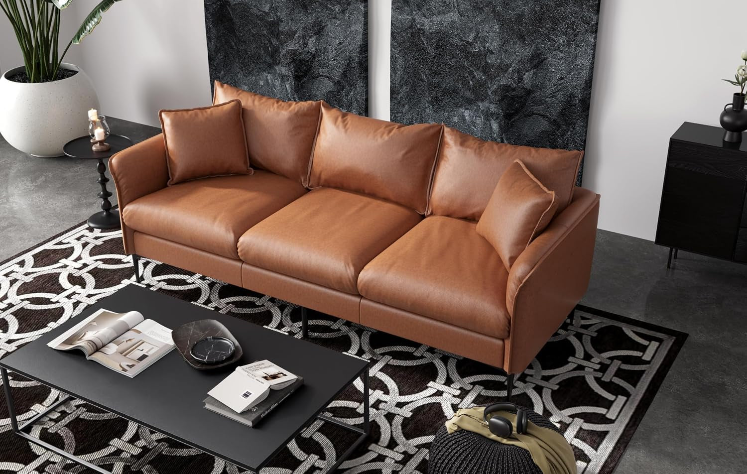 Valencia 3 Seater Leather Sofa, Genuine Leather Contemporary Couch with 2 Pillows, Living Room Furniture Easy to Clean - Jasper
