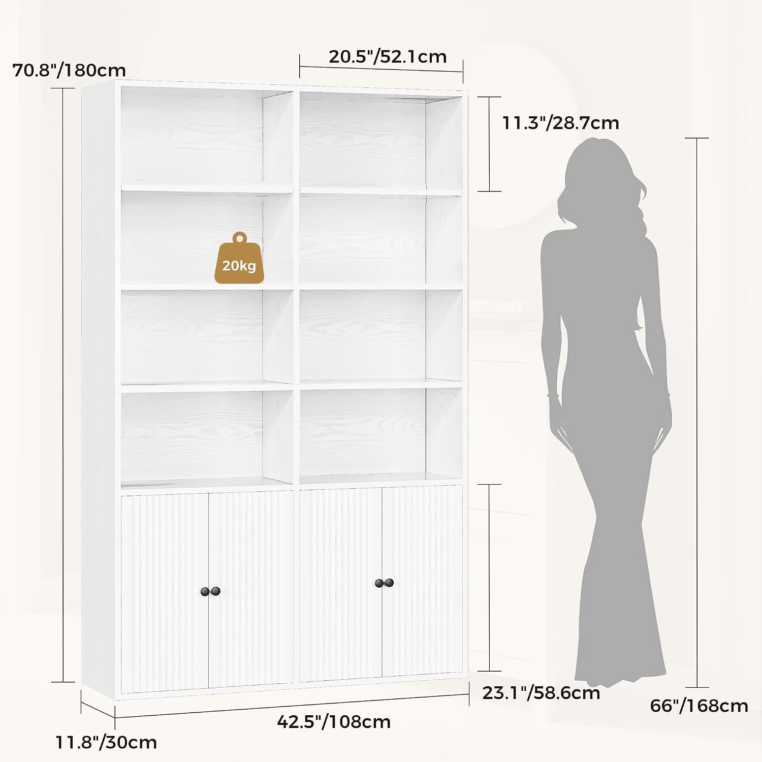 Bookcase with Doors, 180Cm Tall Bookshelf, 6 Tier Living Room Bookcases, 8 Open Compartments, Free Standing Display Shelf, Wooden Shelving Storage Unit for Home Office 108×30×180Cm (White)